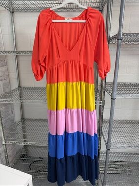 entro Coral V-Neck Colorblock Tiered Maxi Dress